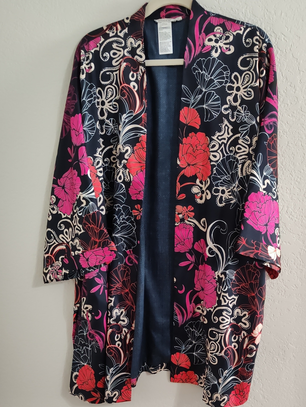 Chico's Midnight Floral Satin Kimono Jacket Navy Pink